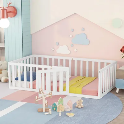 Produktbild von Merax Kinderbett 90x200cm Babybett mit Rausfallschutz und Tür, Kiefernholz Bodenbett Jugendbett Spielbett Einzelbett, Weiß
