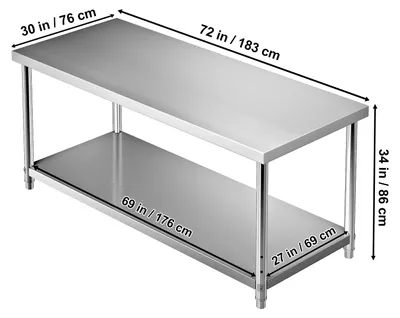 Produktbild von Arbeitstisch aus Edelstahl, 72 x 30 x 34 Zoll, mit Stauraum und verstellbarem Untergestell