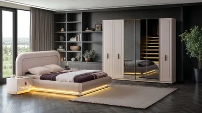 Produktbild von Hochwertiges Bett Set mit Nachttisch und Schrank für Schlafzimmer