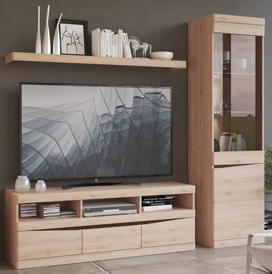Produktbild von TV Wohnwand mit Lowboard, Wandboard, Vitrine, Beleuchtung SANFORD-129 in Eiche hell Nb., B/H/T: ca. 220/196,5/40 cm