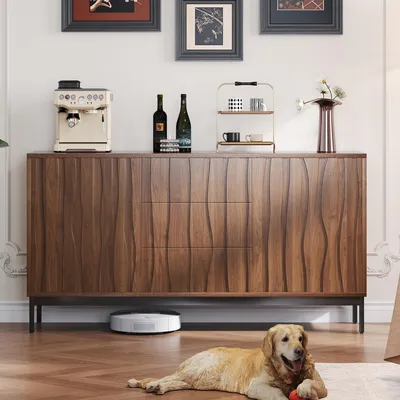 Productafbeelding van Dressoir, 150 cm, donker eikenhout, met 3 lades, in mid-century modern stijl, geschikt voor keuken/woonkamer/hal.