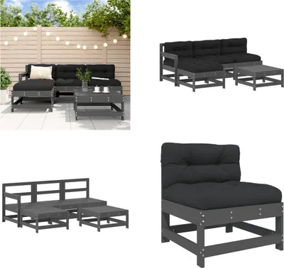 Productafbeelding van vidaXL 5-delige loungeset voor de tuin met kussens, grijs, massief hout - Loungeset voor de tuin - Loungesets voor de tuin - Loungeset - Loungeset voor buiten