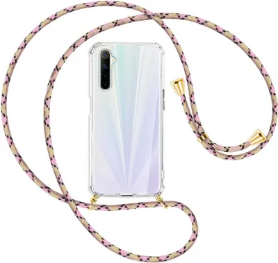 Produktbild von Handykette Backcover-Schutzhülle mit Band (Metall goldfarben) für Realme 6 / 6S - rosa Karo