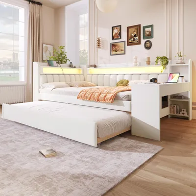 Produktbild von okwish Schlafsofa 140x200 Tagesbett Jugendbett mit 90x190 Ausziehbett und LED,Doppelbett Daybett mit USB-Anschluss und Schreibtischdesign,Weiß (mit Matratze)
