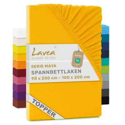 Produktbild von Lavea® Topper Spannbettlaken 90x200 cm - 100x200 cm, Maya 100% Jersey Baumwolle – Weiches Spannbetttuch Topper bis 10 cm- Goldgelb