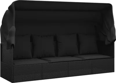 Image de vidaXL Lit lounge d'extérieur avec toit et coussins noir Poly rotin