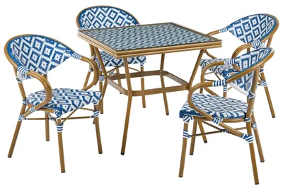 Produktbild von BELIANI 4-Sitzer Gartenmöbel Set Blau u. Weiß Polyrattan 5-Teilig Geflochten Geometrisches Muster Outdoor Terrasse Tisch 80x80 cm mit 4 Stühlen