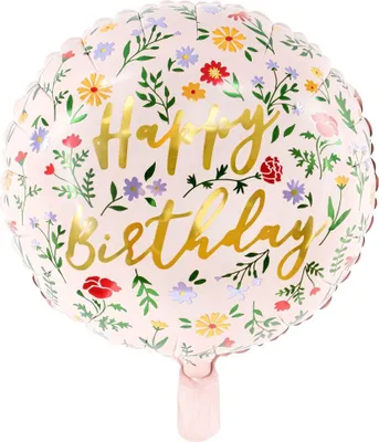 Produktbild von Folienballon Happy Birthday mit Blumen Motiv 35cm rund rosa