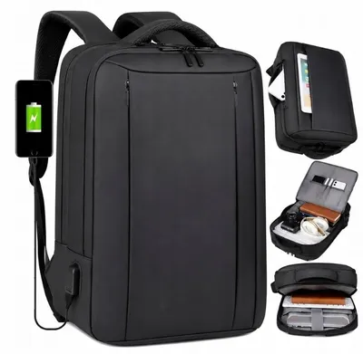 Produktbild von Laptop Rucksack Herren - Wasserdicht - Mit Laptopfach & USB-Anschluss - Handgepäck Flugzeug - Schwarz