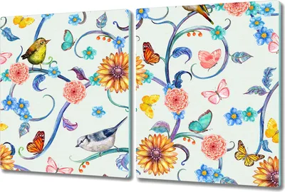 Produktbild von Glas-Herdabdeckplatte Glaskeramikkochfeld-Abdeckung Spritzschutz - 2x 40x52 cm - Bunte Vögel Blumen