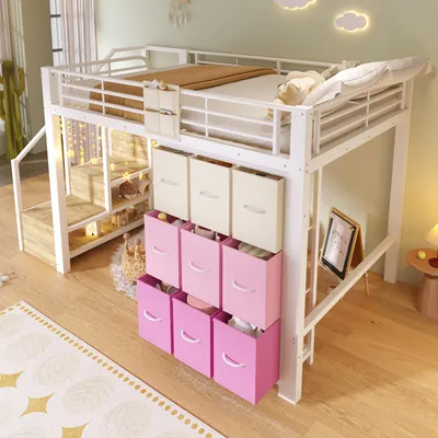 Obrázek produktu pro okwish Patrová postel 140 × 200 cm se zásuvkami, šatní tyčí, bezpečnostní zábranou a úložným žebříkem, bílá, bez matrace