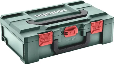 A green tool case with red latches and a black handle, shown from a slightly elevated front-left angle against a white background.