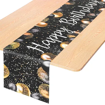 Tafelloper Happy Birthday, 183x33 cm, Schwarz-Gold, Polyester