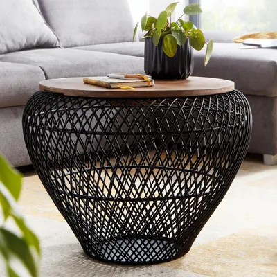 Produktbild von FineBuy Couchtisch Mango Massivholz Metall Schwarz 60x60x45 cm Rund mit Stauraum Design Wohnzimmertisch Korbtisch Beistelltisch Sofatisch Wohnzimmer