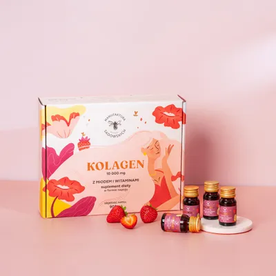 A box of collagen supplements with small bottles and strawberries in front of it, set against a pink background.
