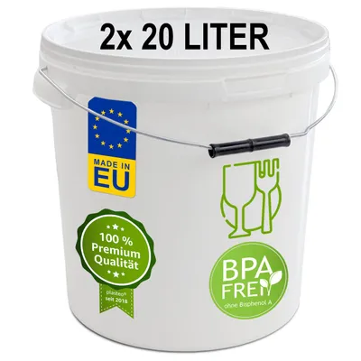 Image de plasteo® 2x 20 litres Seau avec couvercle, qualité alimentaire, étanche à l'air Seau en plastique Seau vide Seau de transport (2x 20 litres)