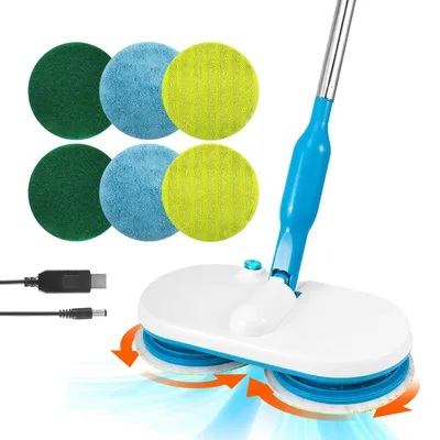 Produktbild von Elektrischer Bodenwischer - Kabelloser rotierender Wischmopp - Ultraleicht - Mikrofaserpads - Edelstahlstiel - Blau