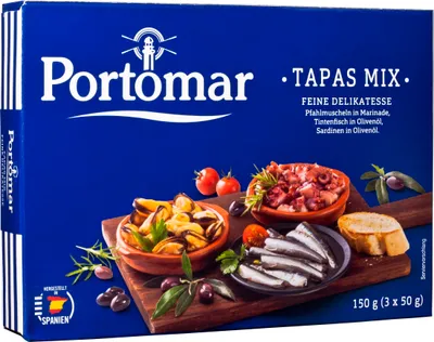 Produktbild von TAPAS-MIX je 1 Dose: Muscheln Escabeche, Calmar Arme, Sardinillas (plain) 3 x 50g Dosen