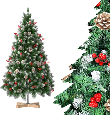 Productafbeelding van JOIEYOU Kunstkerstboom, 180 cm, met PVC-toppen, dennenappels en rode bessen. Diameter 95 cm. Kunstkerstboom van brandvertragend materiaal, met sneeuweffect en houten voet