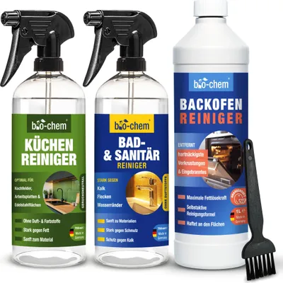 Produktbild von bio-chem Küchenreiniger Set 4-teilig: 1x Backofenreiniger + Pinsel, 1x Küchen Reiniger & 1x Kalkreiniger - Gegen starke Verschmutzungen für Küche, Backofen, Küchenfronten & Armaturen - DE