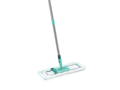 A mop with a white microfiber cleaning pad and a teal and gray handle is shown against a white background.