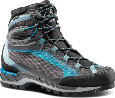 Bergschuhe für Damen "Trango Tech Woman Gtx" von La Sportiva; grau mit blauen Akzenten; hohe Schnürung.