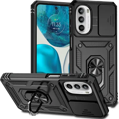 Produktbild von Moto G52 / G82 Hülle mit Schiebe Kamera Schutz und Ringhalter Ständer Robust Rüstung Schutzhülle für Motorola Moto G52 / Moto G82 Schwarz
