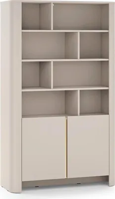 Produktbild von Aura Regal 103 cm in Kaschmir mit asymmetrischen Regalfächern und unteren Türen – modern und geräumig