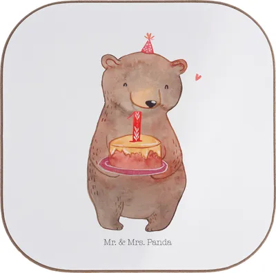 Produktbild von Mr. & Mrs. Panda Untersetzer Tasse Bär Torte 1. Geburtstag - Weiß - Geschenk, bieruntersetzer, Design, Herzlichen Glückwunsch, Coaster, Getränkeuntersetzer, Kuchen