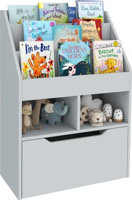 Produktbild von HOMCOM Kinderregal für Kinderzimmer, Grau, 90x60x29,9 cm, mit 3 Ablagefächern, 2 offenen Fächern und Schublade mit Rollen, aus MDF, Nylon, Metall, 3-12 Jahre, inkl. Kippsicherung