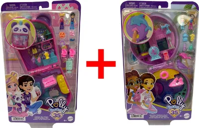 Produktbild von 2er-Set Polly Pocket 35th-Edition HWN9 Bubble Tea Panda Schatulle und HWN96 Delfin Rettungsstation Schatulle, Mini-Puppen, Geschenk-Set