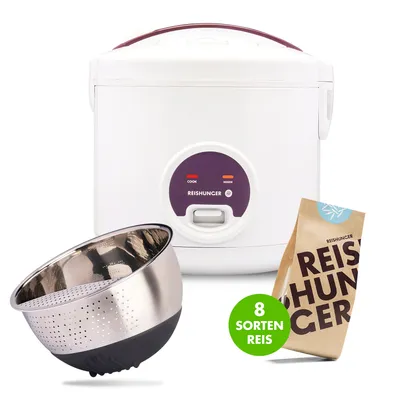 Produktbild von REISHUNGER Basis Reiskocher Starter Set, Großer Basis Reiskocher weiß Keramik, Reiswaschschüssel Edelstahl (Aubergine), Finde deinen Lieblingsreis Set