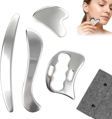 Image de Ensemble en acier inoxydable 4 en 1 : gua sha, grattoir pour les fascias et outil de massage
