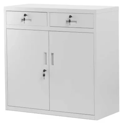 Produktbild von Metallschrank klein LENA Schubladen Flügeltüren | Aktenschrank abschließbar Büroschrank Stahl Mehrzweckschrank Werkstatt Werkzeugschrank 90x90x40cm Grau