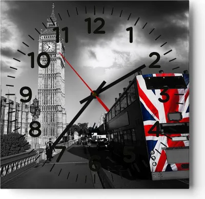 Produktbild von Wanduhr - Quadrat - Glasuhr - Bus London Big Ben Gebäude - 40x40cm - Schleichendes Uhrwerk - Lautlos - zum Aufhängen bereit - Dekoration Modern - Wanddekoration aus Glas - C4AC40x40-2670