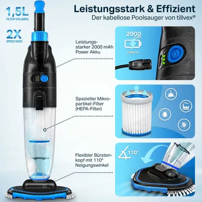 Immagine prodotto di Aspirapolvere per piscina Tillvex con batteria ricaricabile e asta telescopica da 3,6 m - fino a 15 m³ | Aspirapolvere elettrico per fondo piscina | Pulitore per piscina con filtro e sistema a 2 velocità | Set di pulizia con aspirapolvere portatile senza fili