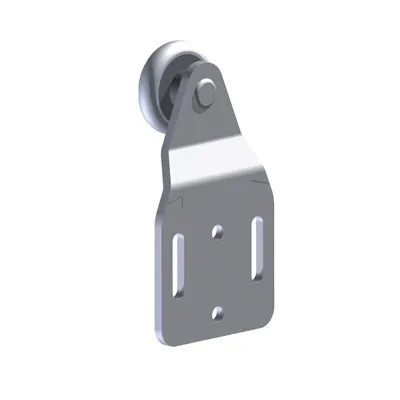 A 3D render of a metal roller bracket with a wheel, isolated on a white background.