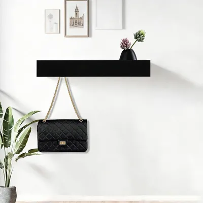 Immagine prodotto di Omgoods - Appendiabiti da parete nero - Appendiabiti con ripiano - Ganci appendiabiti - Robusto/Ferro/Legno - 5 ganci nascosti - 43,5 × 8 × 7,7 cm - Appendiabiti