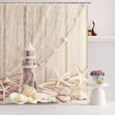 Obrázek produktu pro Sprchový závěs 180 x 200 cm s motivem mušlí – voděodolný a odolný proti plísním
