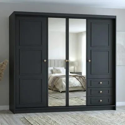 Produktbild von Geräumiger vier­türiger Kleiderschrank OSLO mit Schubladen und Metallgriffen – modernes Design Farbe: Schwarz