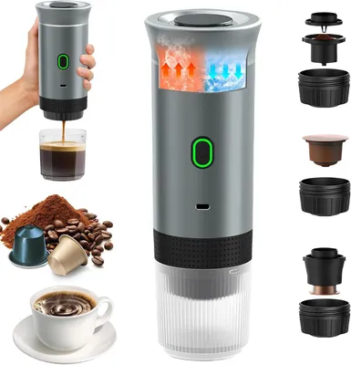 Produktbild von Tragbare Kaffeemaschine, 3-in-1-Espressomaschine für Kapseln und gemahlenen Kaffee, elektrische Espressomaschine mit Schnellaufheizfunktion für Büro, Reisen, Camping, Zuhause (Silber)