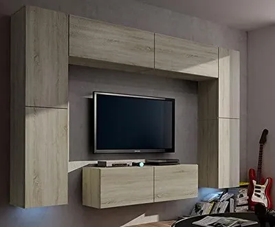 Produktbild von Furnitech Wohnwand Wohnzimmer | Wohnzimmer Möbel mit LED Blau | Hängend Wohnwand Modern | Wohnzimmer Schrankwand mit Regale und TV Schrank (Future C3/S/M4 1B)