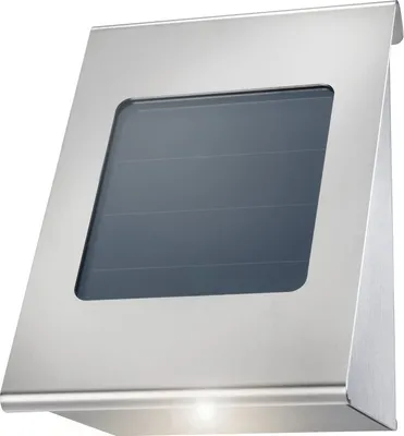A stainless steel solar wall light with a glass window.