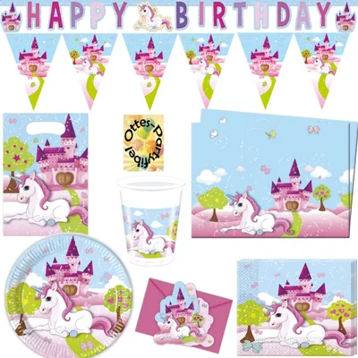 Produktbild von Einhorn-Partyset, 75-teilig, für 12 Gäste mit Tellern, Bechern, Servietten, Tischdecke, Mitgebseltüten, Einladungen und Girlanden