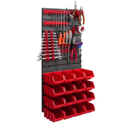 Obrázek produktu pro 16 stohovacích boxů Nástěnné držáky na nářadí Dílenská police Nástěnná police na nářadí 39x78cm Skladovací systém Držáky na nářadí Hromadný skladovací regál Vizuální úložné boxy Extra silné nástěnné panely Police Rozšiřitelná dílenská police Skladování Re