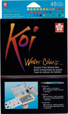 Aquarellkasten mit 48 Halbnäpfen, Wasserpinsel und Mischpalette