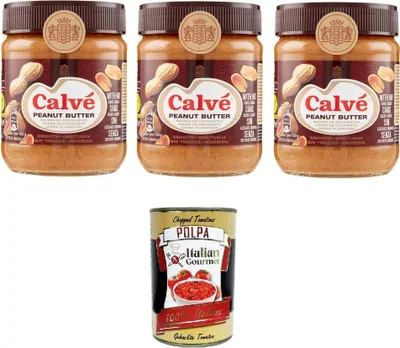 Produktbild von 3x Calvé Burro d'Arachidi Peanut butter - 350 gr + Italian Gourmet Polpa di Pomodoro 400g