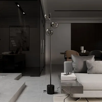 Image de LUMIÈRE Design Rovea Lampadaire Travertin Verre Opalin 3 Lumières Noir