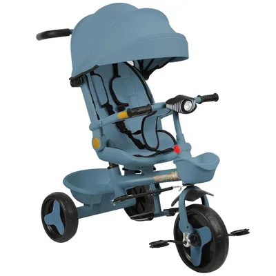 Produktbild von Dreirad 4in1 Kinderdreirad mit Schubstange,Buggy Fahrrad Kinderwagen mit Nachtlicht, Drehbarer Sitz, Lauflernspielzeug ab 1 Jahr (Blau)