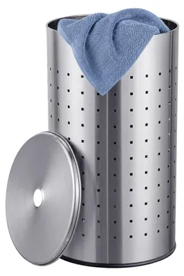 Produktbild von Relaxdays, Wäschekorb mit Deckel, Edelstahl, 42 l, HxD: 55 x 31 cm, Wäschesammler mit Löchern, Schmutzwäschekorb, silber